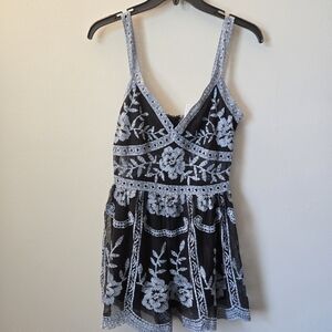 Honey Belle Womens Small Lace Embroidered Floral Sheer Black Blue Romper NWT